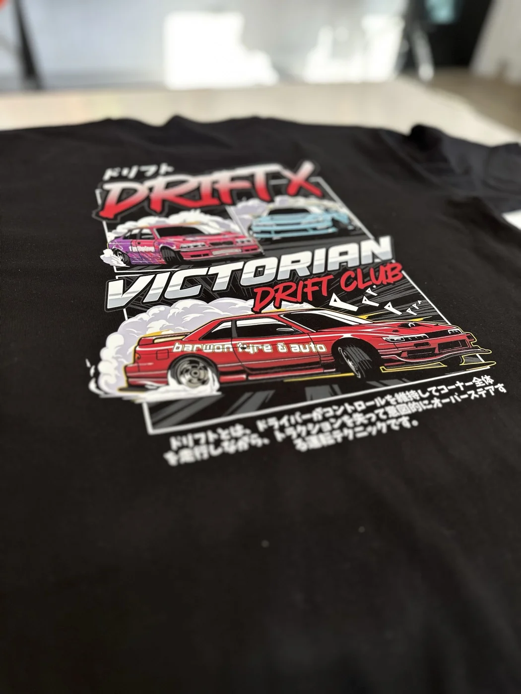 Victorian Drift Club DTF print tee with car culture graphic