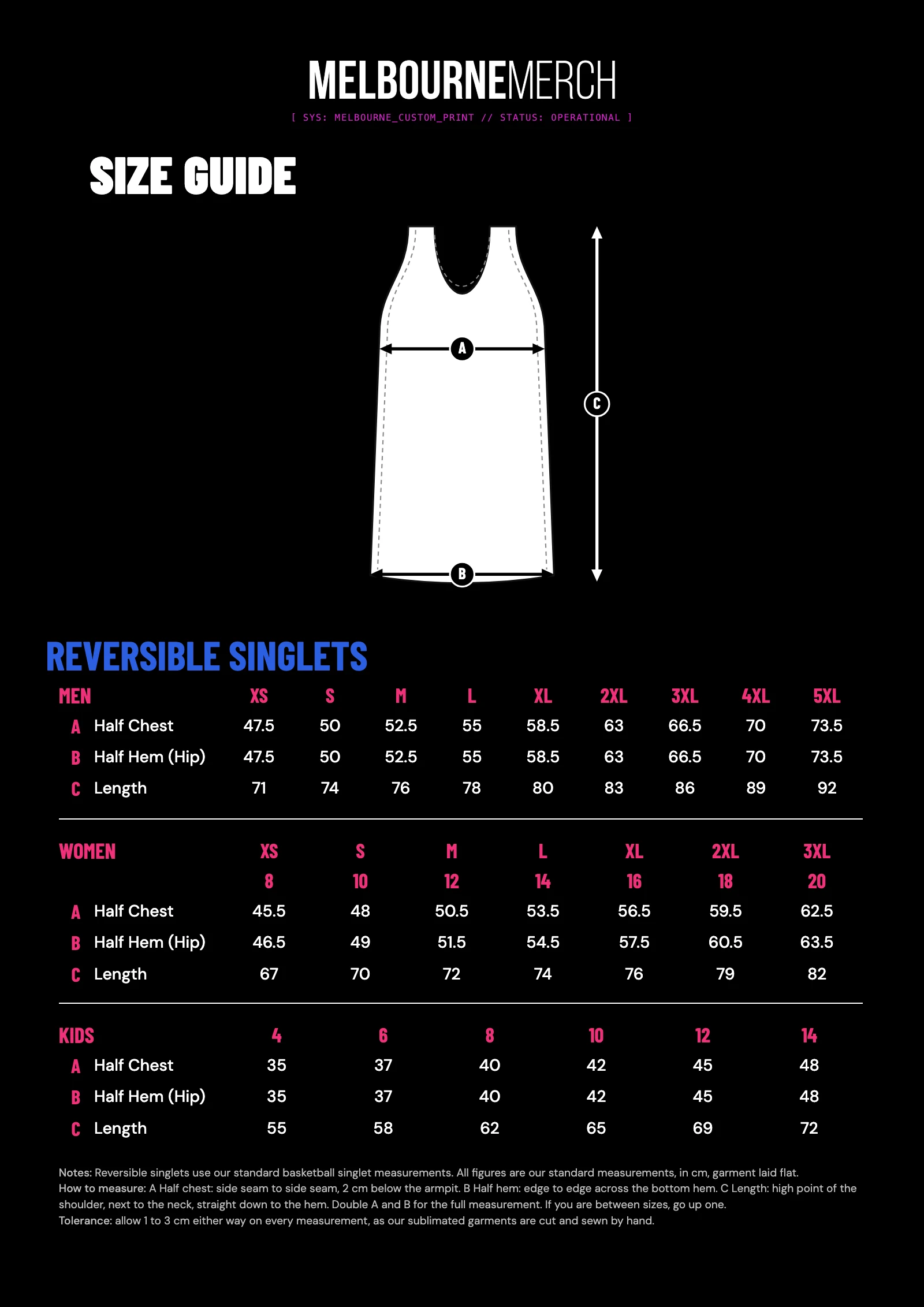 Melbourne Merch reversible singlet size chart: half chest, half hem and length in cm for men XS to 5XL, women XS to 3XL (sizes 8 to 20) and kids 4 to 14.