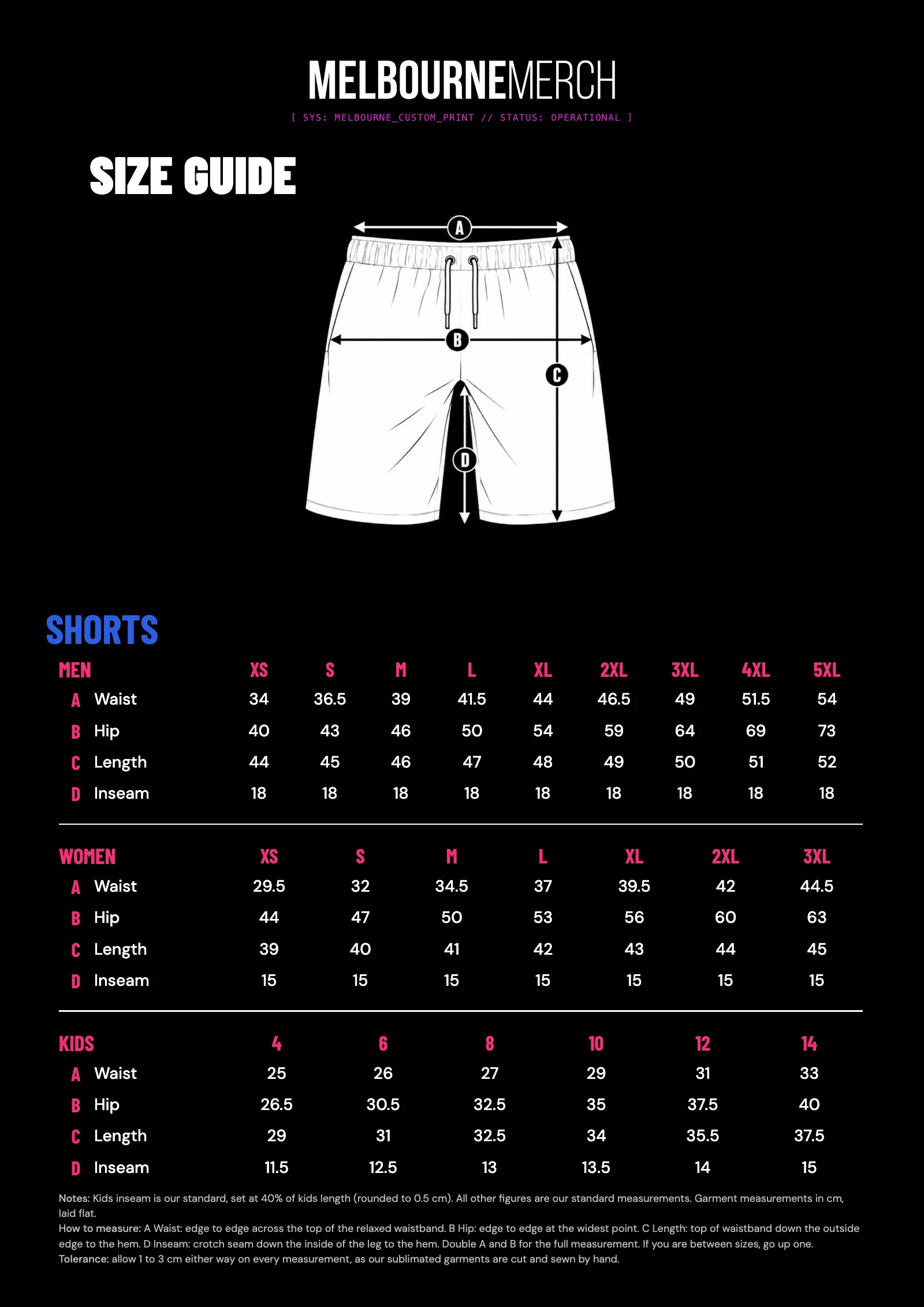 Melbourne Merch sublimated shorts size chart: waist, hip, length and inseam in cm for men XS to 5XL, women XS to 3XL and kids 4 to 14.