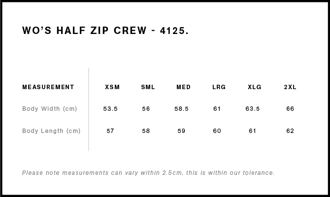 AS Colour Women's Stencil Half Zip Crew size chart showing body width and body length measurements in centimetres.